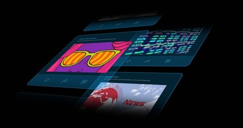 Futuristic social media interface on black background