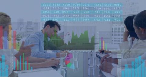 Discussing Business Analytics Around Glass Table with Digital Charts and City Skyline