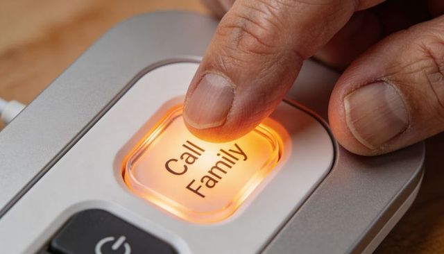 Senior pressing lit call family button on easy-use phone for elderly safety and care alert