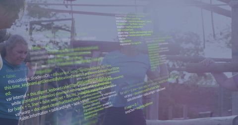 Women Exercising Outdoors with Digital Code Overlay