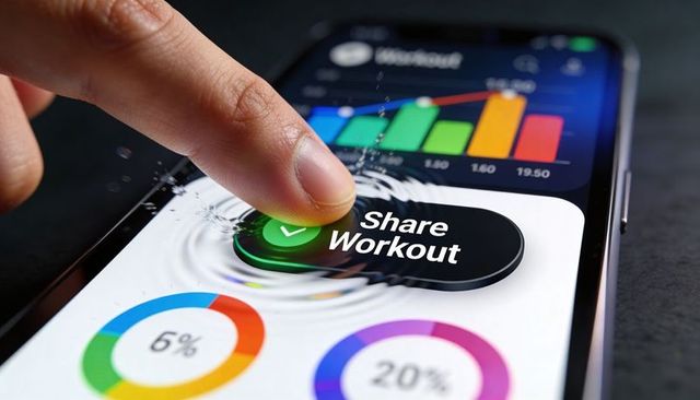 Finger tapping ripple on fitness app share workout button with progress rings