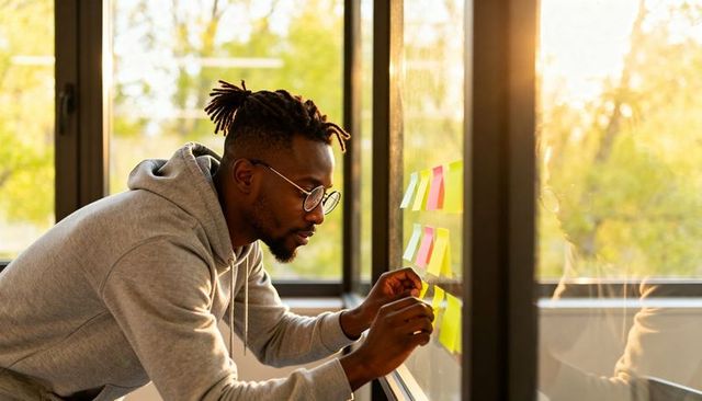 Young man placing colorful sticky notes on glass partition while planning in sunlit office