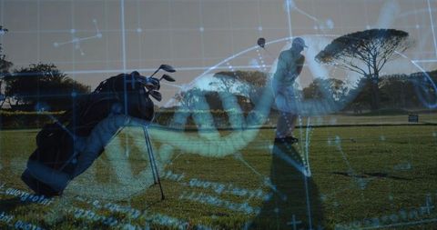 Senior golfer swinging club on fairway with scientific dna overlay