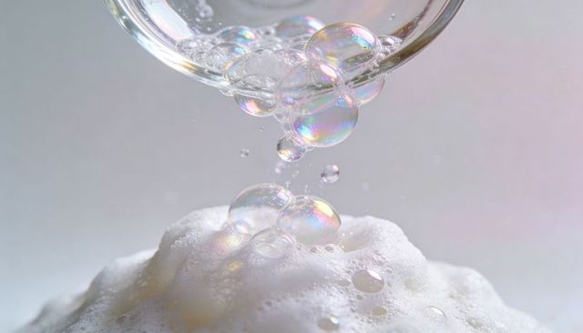 Pouring iridescent soap bubbles from glass rim onto white foam mound close-up pastel prism orbs