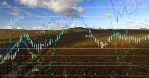 Stock market candlestick charts overlaying open field and low hill with trend lines