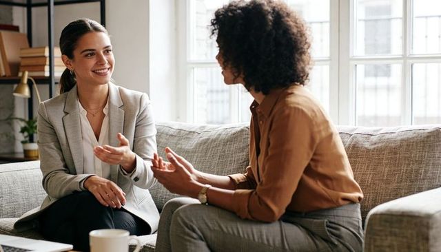 Businesswomen conversing on office sofa for coaching, mentoring, collaboration