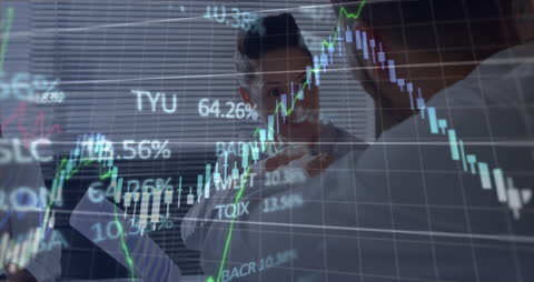 Executives Discussing in Office with Stock Market Data Overlay