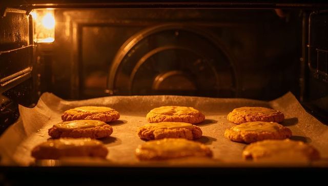 Baking Golden Cookies in Oven on Parchment-Lined Tray Under Warm Amber Light