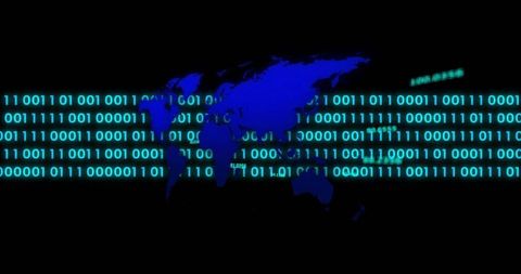 Glowing World Map Overlaid with Binary Digital Code
