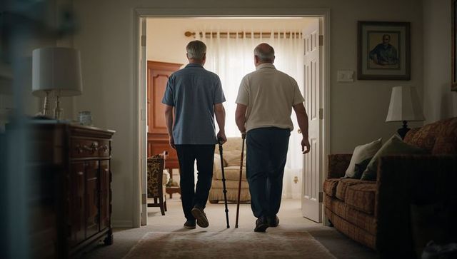 Walking senior companions with canes toward sunlit cozy living room sharing gentle support