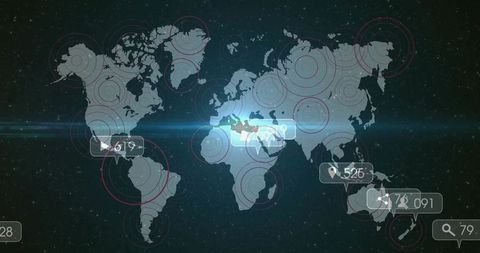 Futuristic World Map with Data Points and Lens Flare