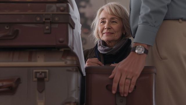 Senior woman smiling beside vintage leather suitcases in train station, travel nostalgia