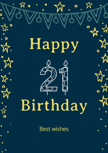 Happy 21st Birthday Greeting Card with a starry pattern over a dark blue background. Includes text 'Happy 21 Birthday' and 'Best wishes'. Perfect for celebrating a special milestone with friends and family, sending digital greetings, or as event invites.