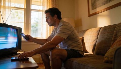 Man changing channels on retro crt tv in cozy living room at dusk