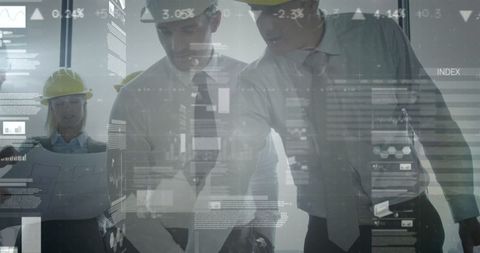 Architects Discussing Plans with Financial Data Overlay - Download Free Stock Images Pikwizard.com