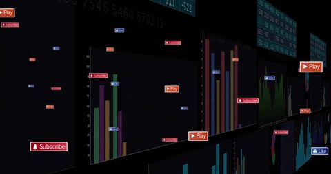 Neon Futuristic Data Dashboard with Interactive Bar Charts and Social Media Badges