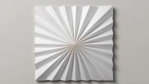 Spinning radial-fold square panel casting shifting light and shadow on neutral gray wall