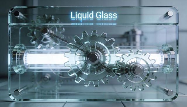 Liquid glass gears showcasing transparent gearbox with backlit led tube and glass shafts
