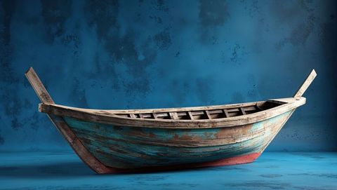 Weathered rowboat with peeling turquoise paint against blue background