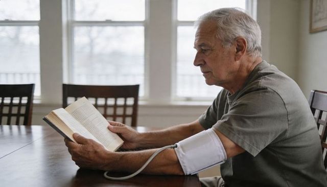 Senior man reading novel while monitoring blood pressure cuff at dining table near window