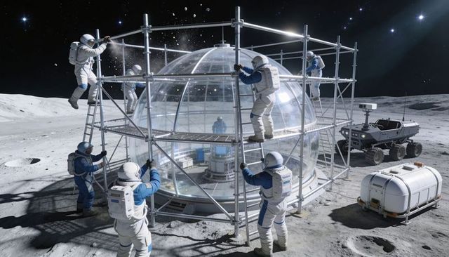 Lunar Geodesic Habitat Dome Assembly Astronaut Team Securing Dome with Rover Support