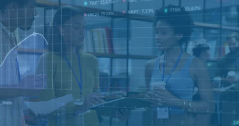 Diverse Team Discussing Stock Market Data in Modern Office