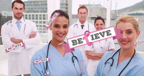 Diverse doctors supporting breast cancer awareness campaign