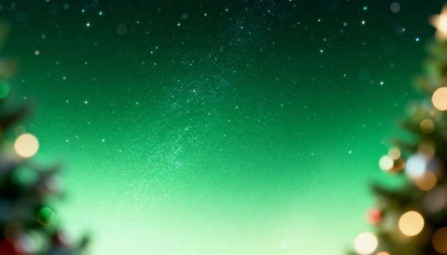 Emerald starry sky with milky way over bokeh-lit evergreen silhouettes festive backdrop