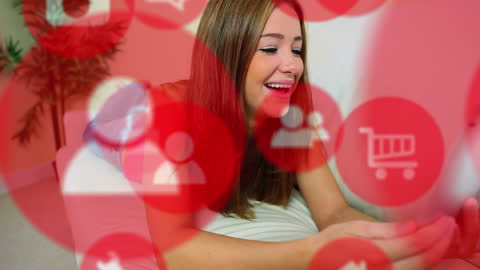 Woman Engaging with Social Media on Smartphone with Digital Icons