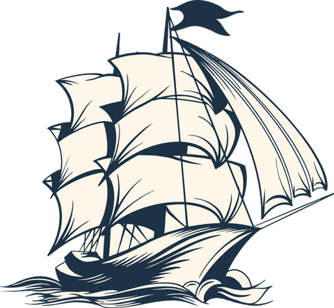 Vintage tall sailing ship with dynamic sails on transparent