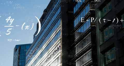 Mathematical Equations Superimposed on Modern Skyscrapers