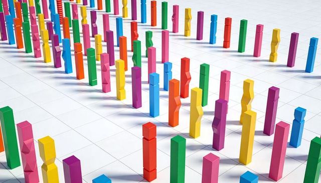 Colorful geometric blocks casting shadows on white grid, diagonal minimalist composition