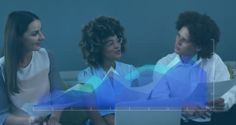 Diverse Team Analyzing Data with Digital Graphics Overlay