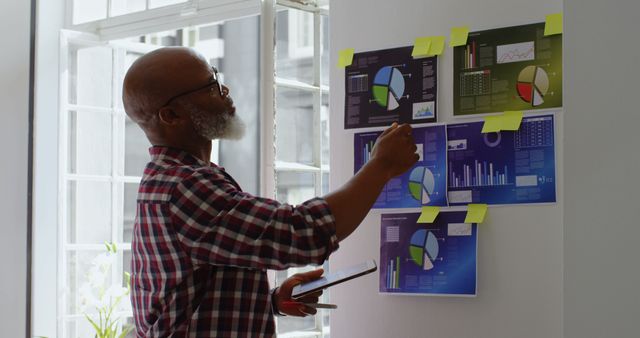 Man presenting financial data, using pie charts and bar graphs. Ideal for business strategy, financial analysis, data-driven planning, and office-related themes.