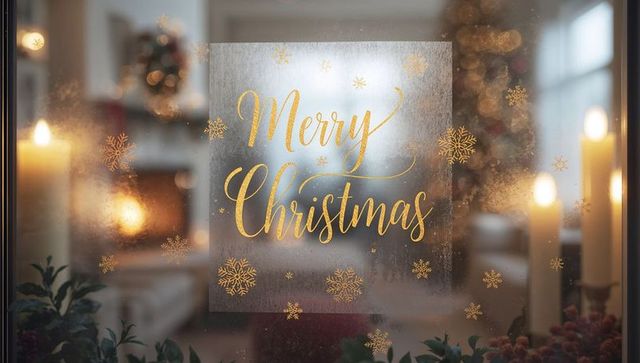 Frosted window decal featuring gold merry christmas calligraphy with candlelight bokeh