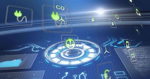 Holographic Energy Dashboard HUD Visualizing Nuclear Core, Renewable Icons and CO2 Metrics