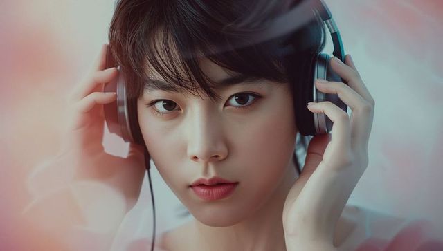 Asian Woman Wearing Headphones in Studio with Dreamy Pastel Lighting