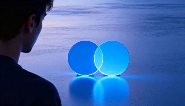 Man watching overlapping blue led discs on glossy floor with neon reflection