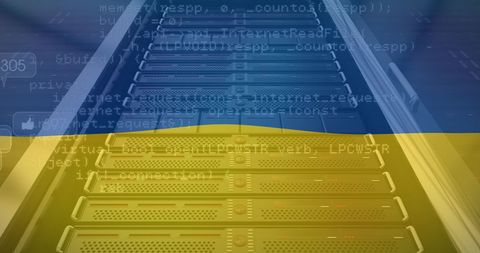 Servers with Ukrainian Flag Overlay and Code Abstract
