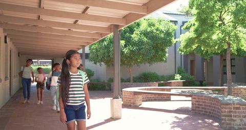 Teenage students walking through sunny campus courtyard carrying backpacks and chatting