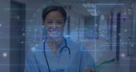 Medical Professional in Scrubs with Digital Healthcare Technology Visual Interface