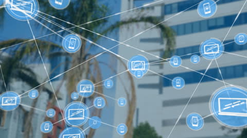 Digital Network Icons Over Modern Cityscape