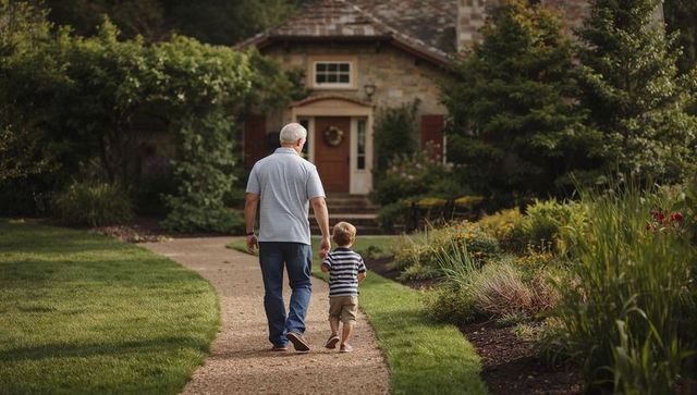 Senior grandparent walking with young child holding hands on curved garden path to cottage