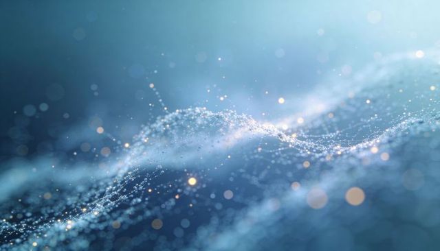Flowing shimmering particle wave with bokeh lights and ethereal blue gradient luminescent macro