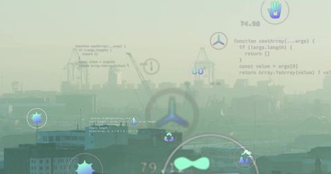 Harbor Shipyard Showing HUD Overlays and Code Readouts over Hazy Industrial Skyline