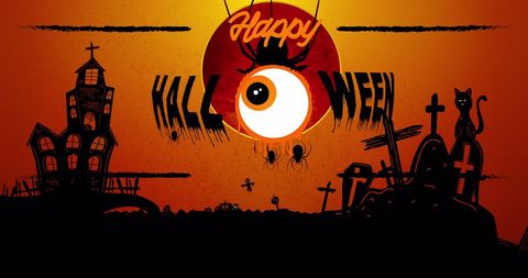 Spooky Halloween Illustration with Ghostly Elements on Orange Background