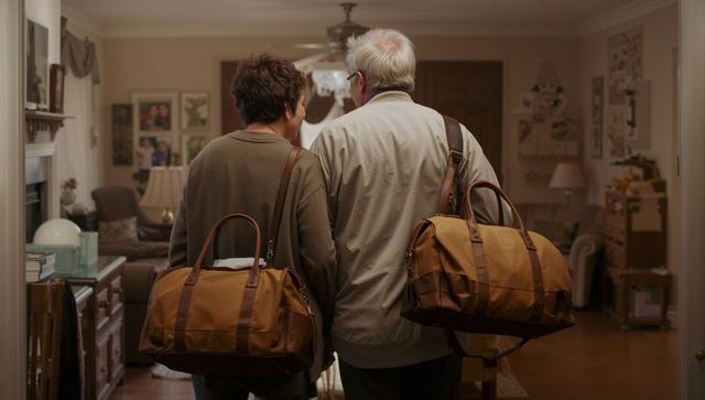Senior couple walking through cozy living room carrying matching tan duffel bags
