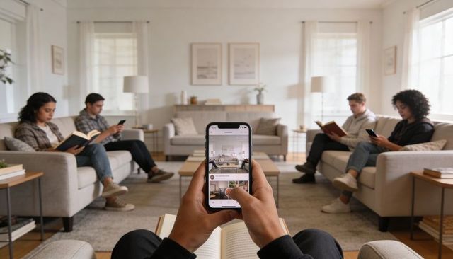 Casual Friends Relaxing Together in Modern Living Room Reading Books and Using Smartphones