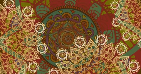 Colorful spinning wheel patterns on red background