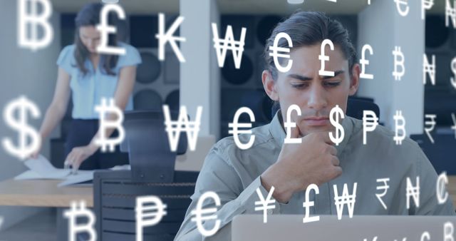 Male forex trader working on laptop focused on currency symbols overlay - Download Free Stock Images Pikwizard.com